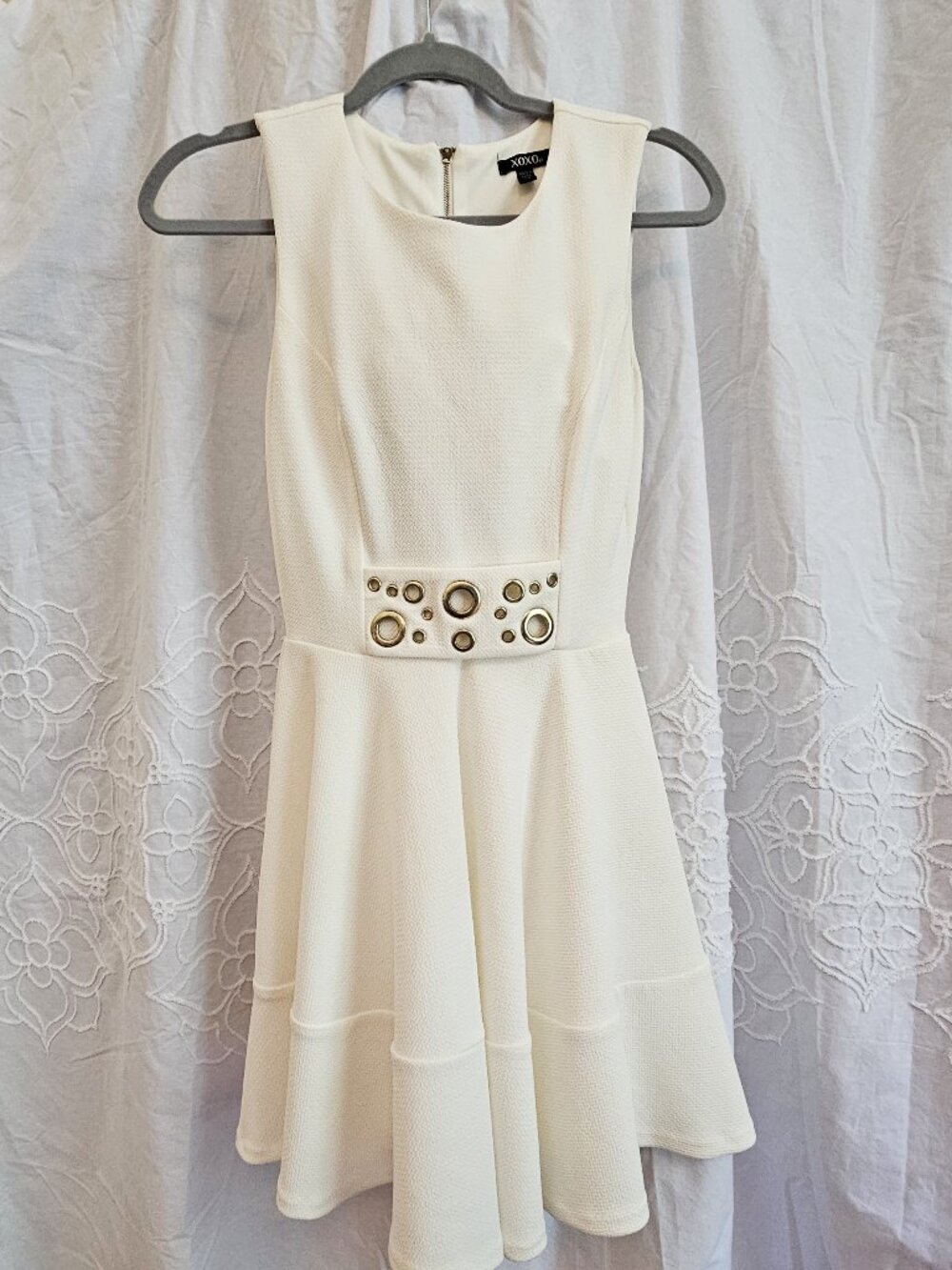 XOXO White Fit and Flare Mini Dress Gold Eyelets Size XS